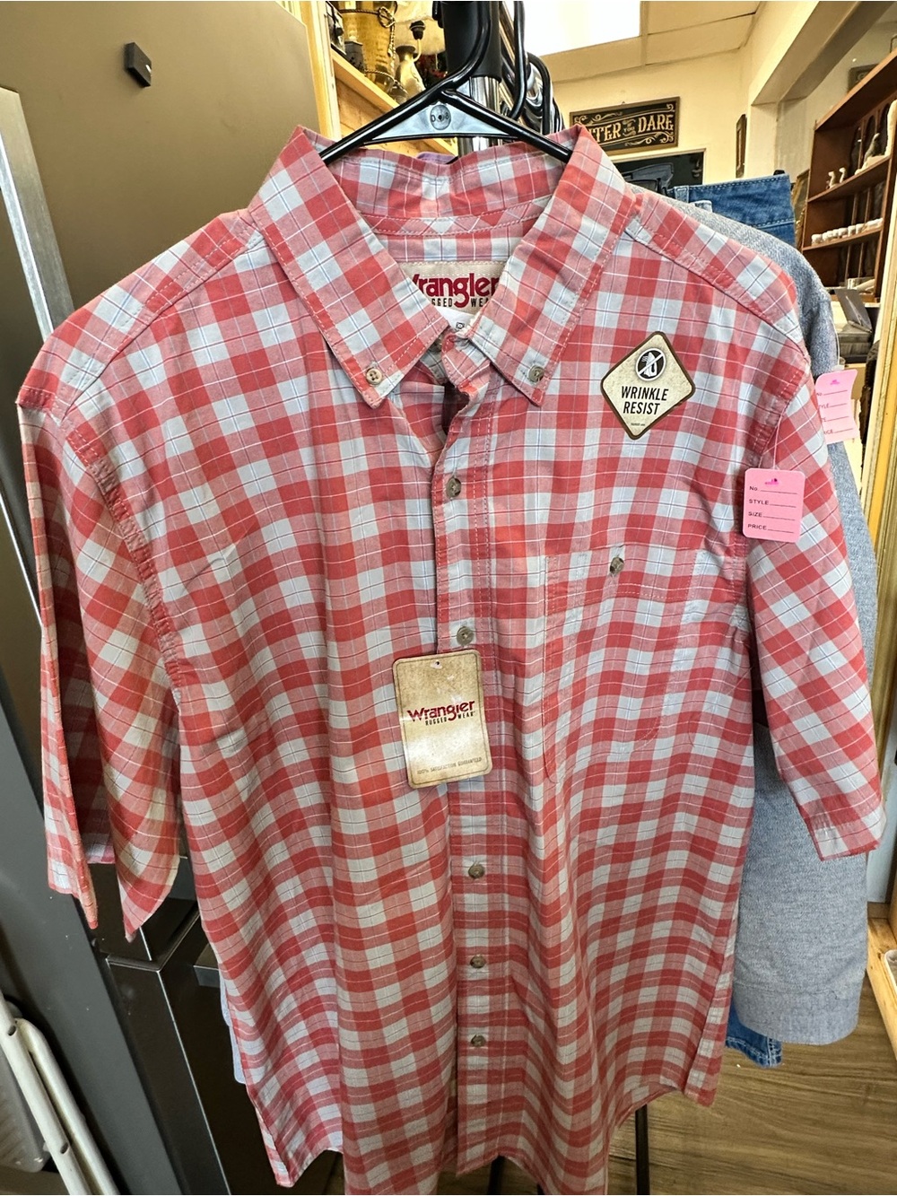 Wrangler Men’s Red and White Plaid Button-Down Shirt